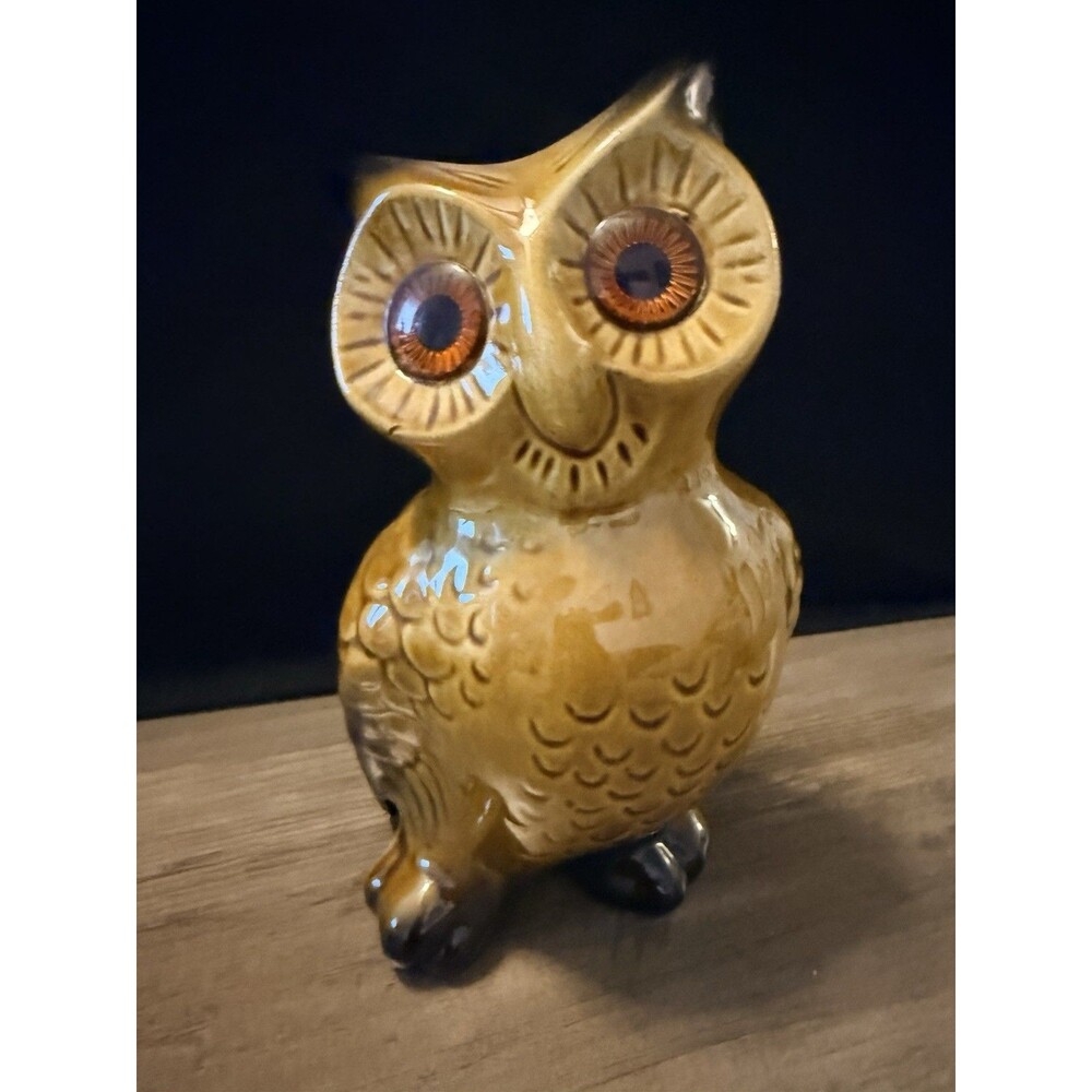 Vintage Ceramic Glazed Owl Figurine Bright Eyes MCM 7"